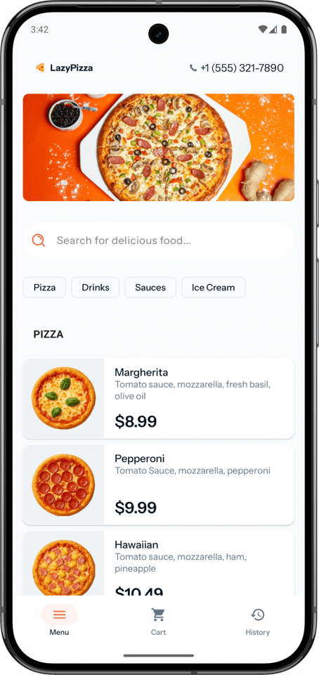 Lazy Pizza App auf einem Android-Smartphone