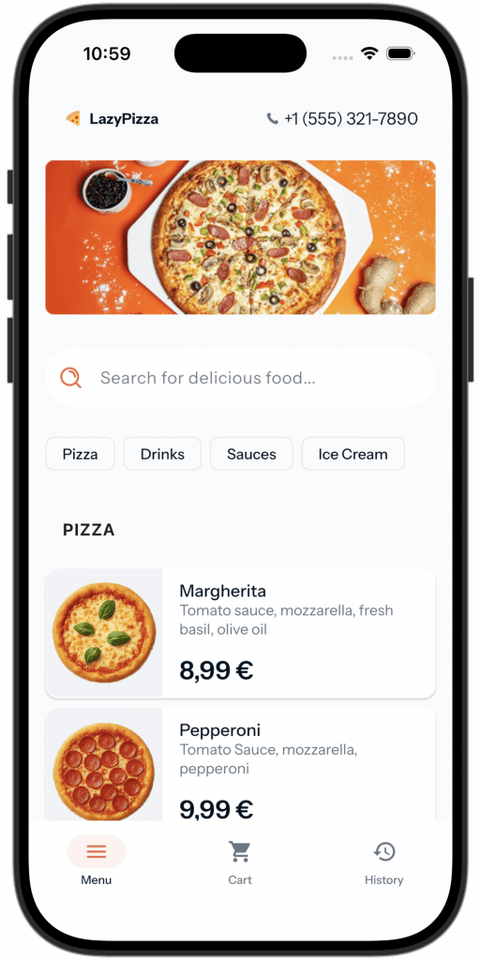 Lazy Pizza — Speisekarte auf dem iPhone