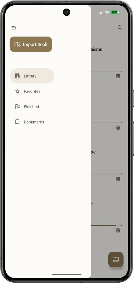 Seitenmenü mit Bibliothek, Favoriten, Gelesen und Lesezeichen auf Android