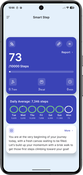 Smart Step App — Tagesübersicht mit Schritten und KI-Hinweis