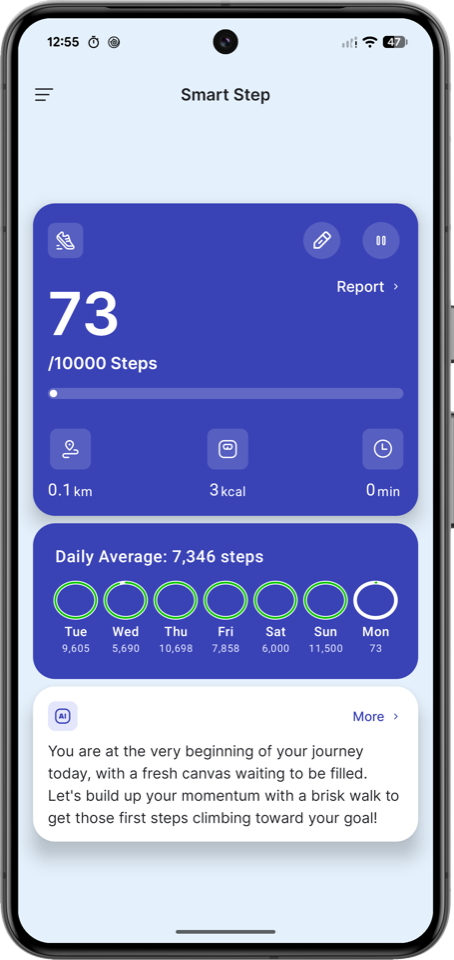 Smart Step — Tagesübersicht mit Schritten, Wochenschnitt und KI-Hinweis