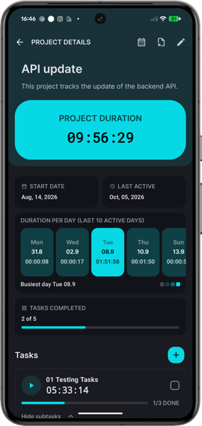 Tracky App — Projektdetails mit Statistik