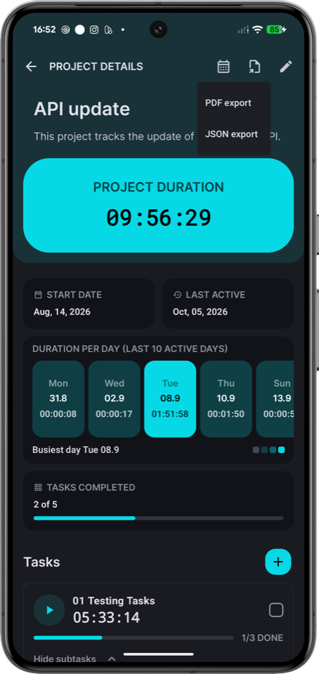 Projektdetails mit Export