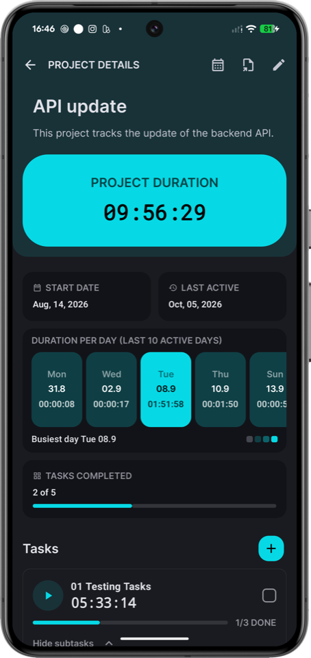 Tracky — Projektdetails mit Dauer pro Tag und Aufgaben