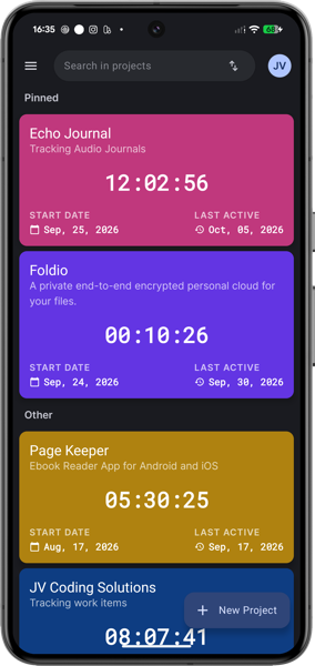 Tracky App — Projektübersicht mit laufenden Timern