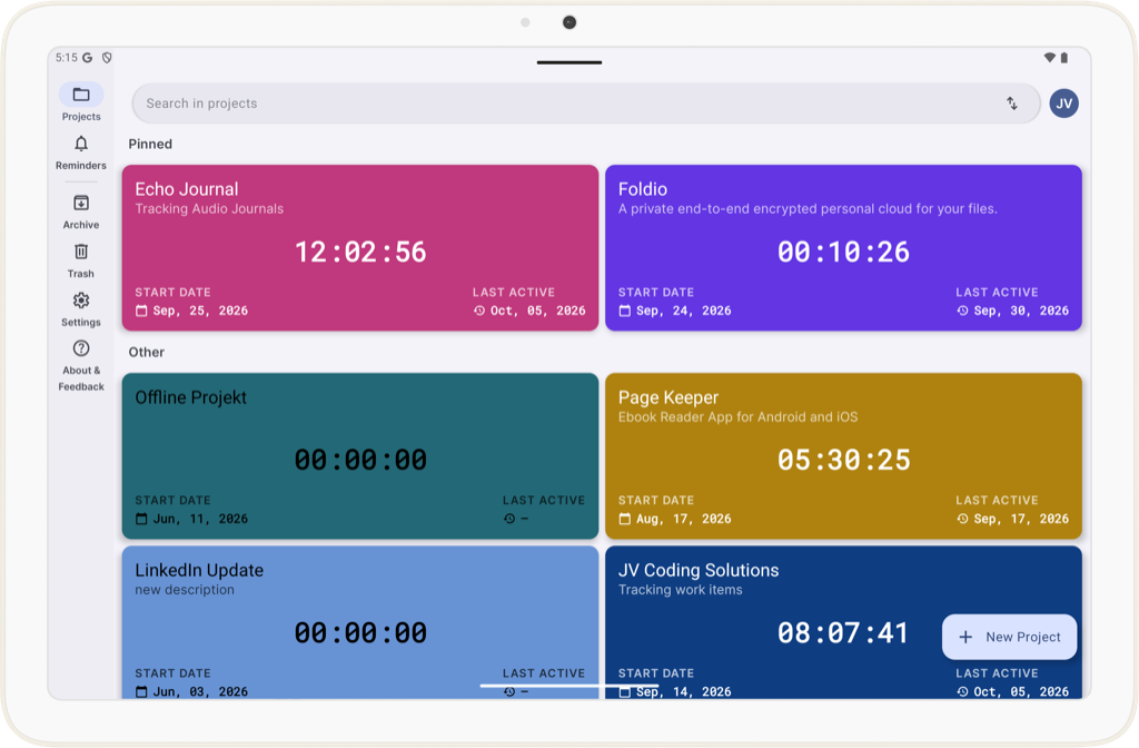 Tablet-Ansicht: Projektübersicht im hellen Design